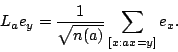 \begin{displaymath}
L_ae_y=\frac1{\sqrt {n(a)}}\sum_{[x:ax=y]}e_x.
\end{displaymath}