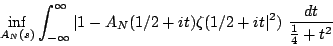 \begin{displaymath}\inf_{A_N(s)}\int_{-\infty}^\infty \vert 1-A_N(1/2+it)\zeta(1/2+it\vert^2)~\frac {dt}{\frac 14 +t^2}\end{displaymath}