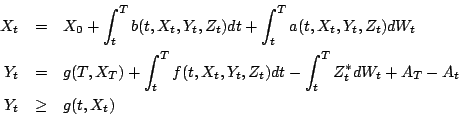 \begin{eqnarray*}
X_{t} &=&X_{0}+\int_{t}^{T}b(t,X_{t},Y_{t},Z_{t})dt+
\int_{t}^...
...nt_{t}^{T}Z_{t}^{*}dW_{t}+A_{T}-A_{t} \\
Y_{t} &\ge &g(t,X_{t})
\end{eqnarray*}