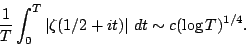 \begin{displaymath}\frac{1}{T} \int_0^T\vert\zeta(1/2+it)\vert~dt \sim c (\log T)^{1/4}. \end{displaymath}
