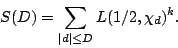 \begin{displaymath}S(D)=\sum_{\vert d\vert\le D} L(1/2,\chi_d)^k.\end{displaymath}