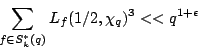 \begin{displaymath}\sum_{f\in S_k^*(q)} L_f(1/2,\chi_q)^3 <<q^{1+\epsilon}\end{displaymath}