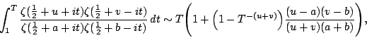 \begin{displaymath}
\int_1^T {\zeta(\frac12+u+it)\zeta(\frac12+v-it)\over
\zet...
...\left(1-T^{-(u+v)}\right)}{(u-a)(v-b)\over (u+v)(a+b)}\Biggr),
\end{displaymath}