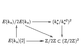 $\displaystyle \xymatrix{
E(k_v)/2E(k_v) \ar@{->}[r] \ar[dr] & (k_v^*/k_v^{*2})^...
...] \ar[u] \ar@{->>}[r] & \mathbb Z/2\mathbb Z\subset (\mathbb Z/2\mathbb Z)^2
}$