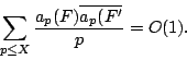 \begin{displaymath}
\sum_{p\le X} \frac{a_p(F){\overline{a_p(F'}}}{p} = O(1).
\end{displaymath}