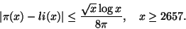 \begin{displaymath}
\vert\pi (x) -li (x)\vert \leq \frac{\sqrt{x}\log x}{8\pi}, \quad x \geq 2657.
\end{displaymath}