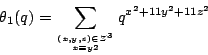 \begin{displaymath}\theta_1(q)=\sum_{(x,y,z)\in Z^3\atop x\equiv y \mod 2}
q^{x^2+11 y^2 +11 z^2}\end{displaymath}