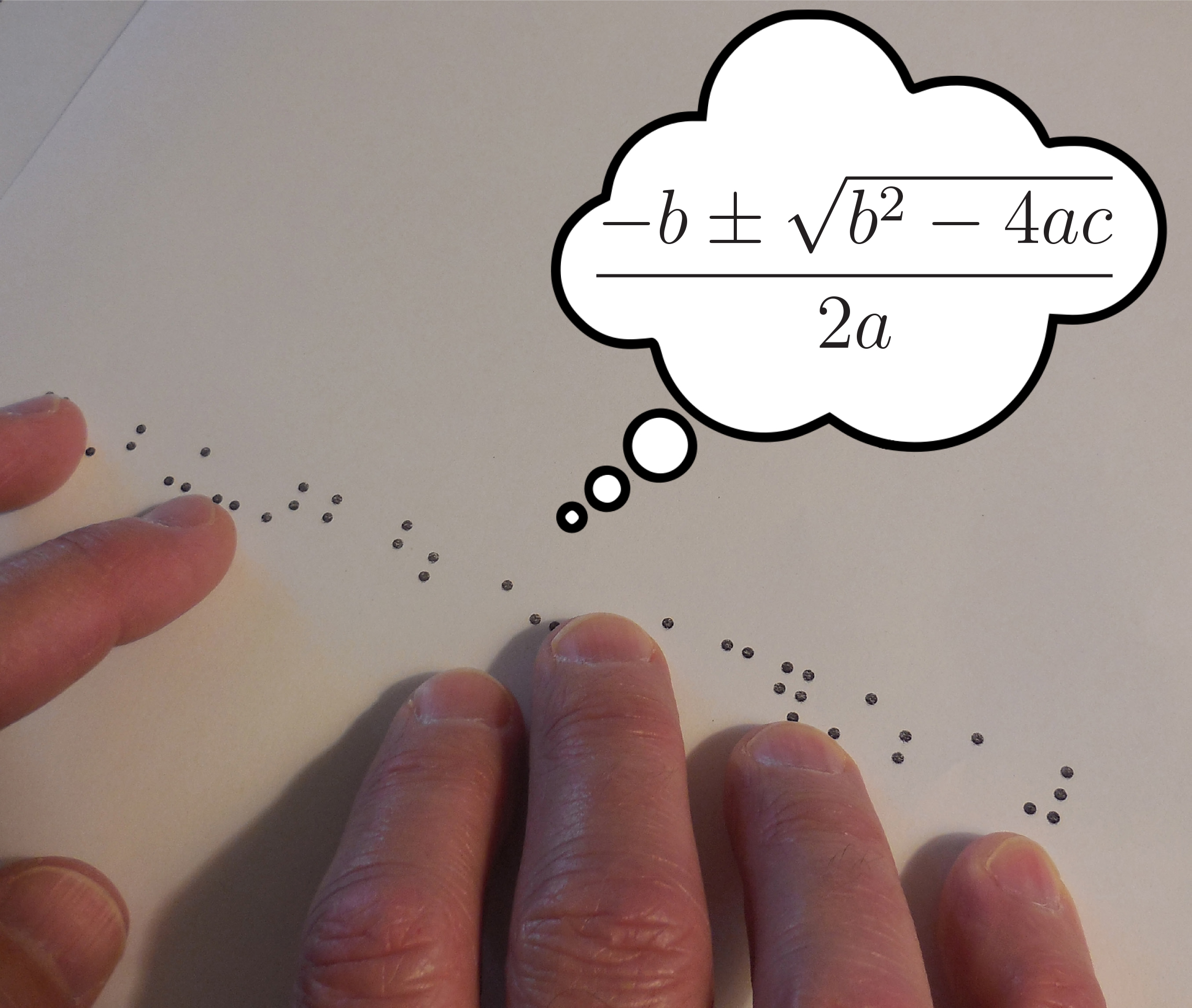 Hands touching Braille symbols, with a thought bubble showing the quadratic formula.
